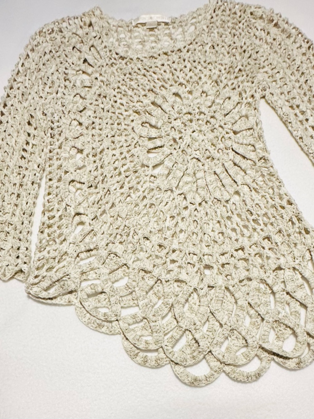 Boston Proper Y2K Boho Beige Open-Weave Crochet Cottagecore Sweater, Size S - Picture 6 of 7